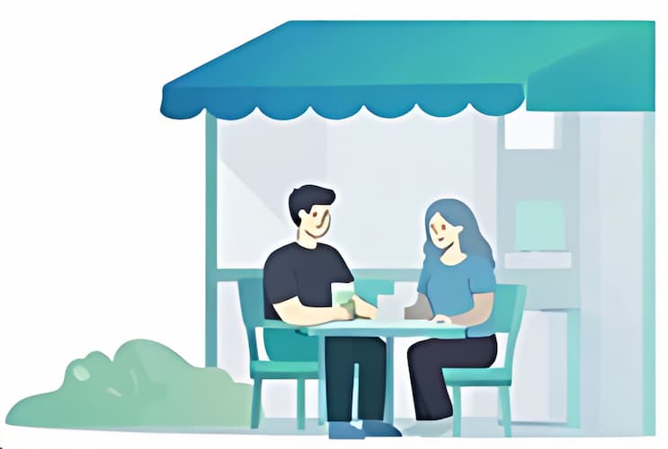 An illustration of a man and woman sitting at a table outside at a cafe